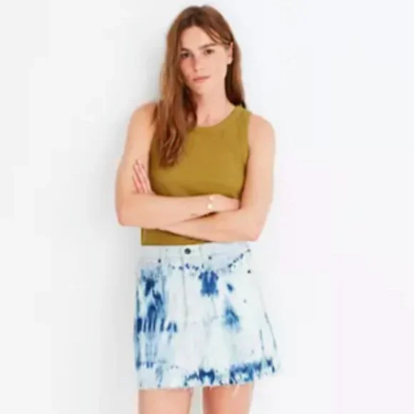 Brand New w Tags! MADEWELL Rigid Denim A Line Mini Skirt Tie Dye Size 28 - Picture 1 of 9